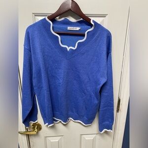 MISLOOK Knitted Wool Blue Sweater With White Edging Women’s Size XL